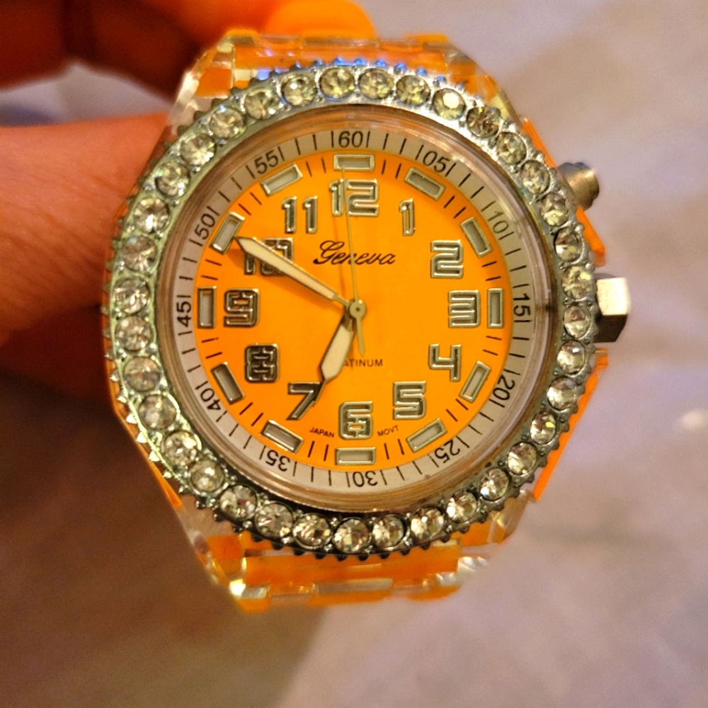 Geneva Women's Platinum Watch With Orange Silicone Band - Picture 4 of 5